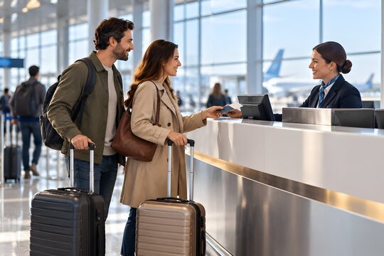 Travelers checking in at airport service desk with luggage and mobility assistance
