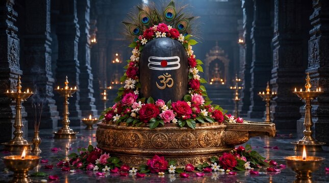 Shiva lingam with Om symbol and flowers in a candlelit temple