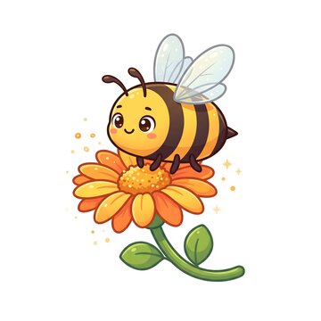Cute cartoon honey bee collecting nectar from a colorful sunflower, featuring transparent wings, cheerful expression, striped body, and green leaves on a white background.