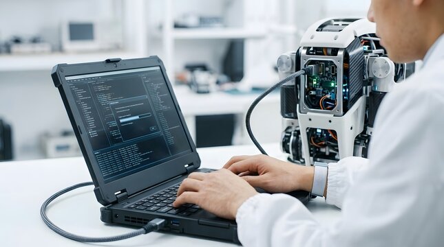 Professional IT specialist updating AI hardware using a rugged laptop in a modern laboratory, engineer programming and maintaining advanced robotic system with software deployment process.