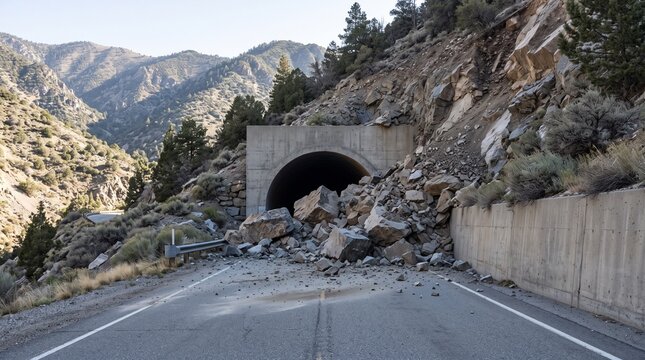 Earthquake rockfall blocks county tunnel road, Fallen rocks close mountain highway, Empty seismic disaster scene, Geological transport hazard
