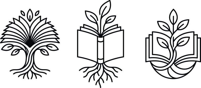 Knowledge tree and education icon set featuring growing leaves roots from open books for learning concepts line art vector.