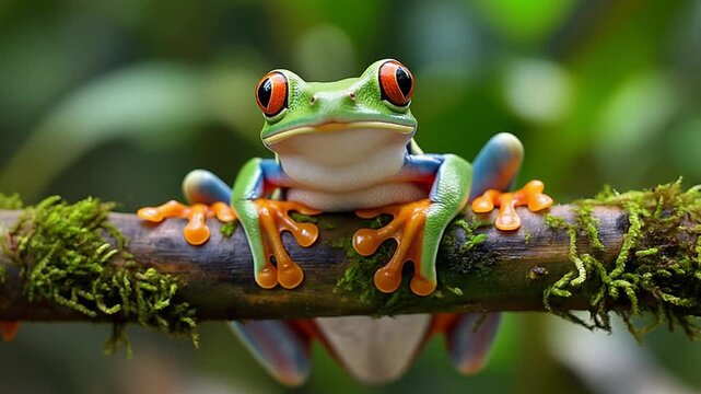 Red-eyed tree frog resting on mossy branch in lush jungle habitat with soft natural lighting