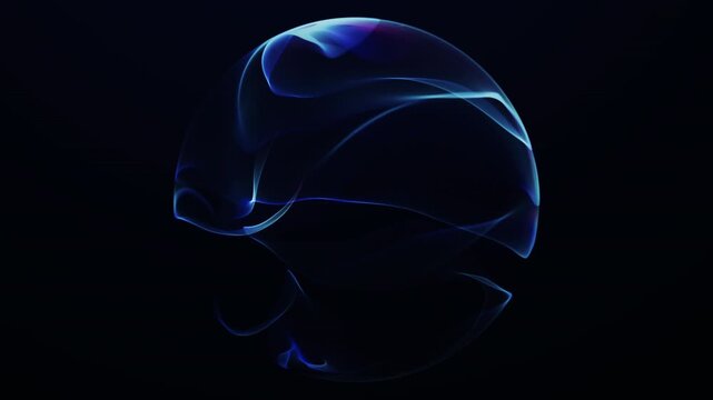 Translucent cyan ribbons form an open spherical shell on black. An elegant abstract loop for technology branding and futuristic backgrounds.