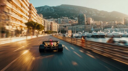 Naklejka premium Formula 1 car driving quickly on a street circuit in monaco during sunset