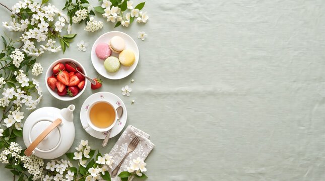 Afternoon tea set with strawberry bowl and macarons surrounded by jasmine flowers strawberries macarons beverage breakfast afternoon blossoms