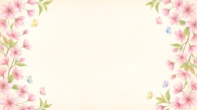 Soft pink cherry blossom flower frame on neutral background with background watercolor botanical illustration romantic decorative invitation
