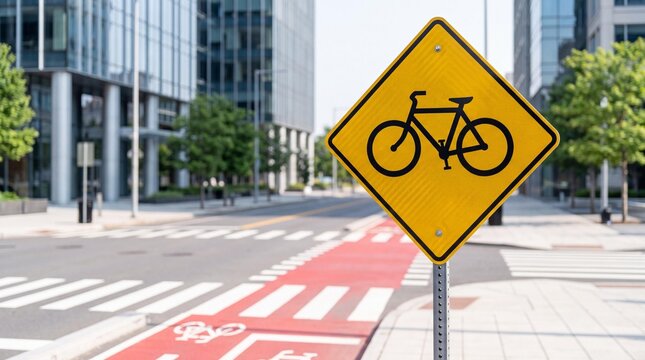 A bright yellow diamond-shaped road sign with a black bicycle symbol is prominently displayed next to a dedicated red bike lane and a pedestrian crosswalk in an urban setting.