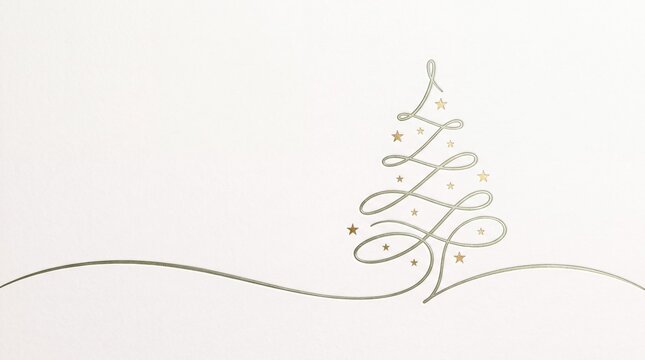 Elegant minimalist Christmas tree design with delicate swirling lines and small star accents on a soft white background.