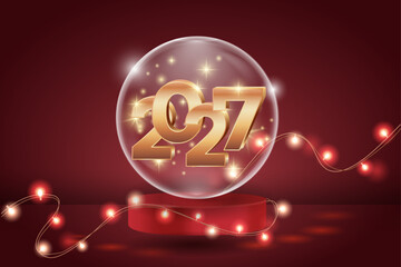 Merry Christmas and Happy New Year 2027 gold numbers inside transparent glass ball sphere on red podium with glowing garland fairy lights on dark red background modern design card poster banner © EvgeniiasArt