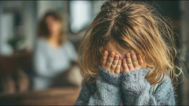 Upset young girl crying with her mother scolding her in the background