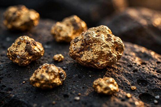 Raw unrefined gold nuggets scattered on dark basalt stone macro with warm lighting