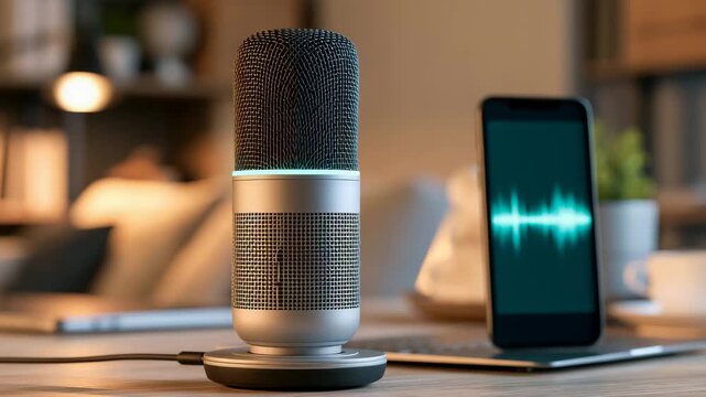 Voice Search Concept With Desktop Microphone And Smartphone Showing Direct Answer Panel