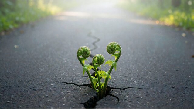 Fern Fiddleheads Growing Through Cracked Asphalt