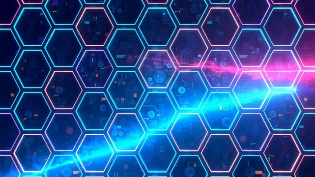 Futuristic Neon Hexagon Grid Background with Glowing Cyan and Pink Light Rays for Cyber Security and Technology Concept