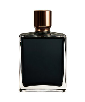 A luxury rectangular glass perfume bottle with a dark liquid inside and a metallic bronze cap, isolated on transparent background