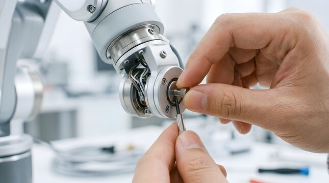 Close-up of professional engineer hands using a screwdriver to adjust and repair a precision robotic arm component in a modern industrial automation laboratory for high-tech manufacturing.