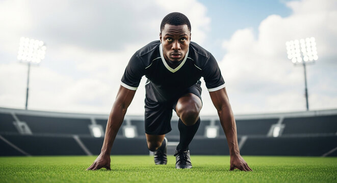 Determined african american male athlete in starting position on a