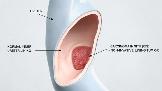 Ureter carcinoma in situ CIS 3D medical illustration, cross section view showing non-invasive tumor and normal ureter inner lining