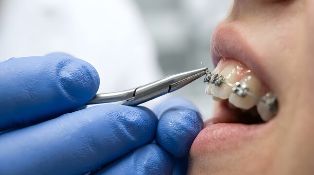 Close-up of a professional orthodontist in blue gloves using specialized medical tools to adjust metal braces and archwire on a patient's teeth during a dental checkup at a clinic.