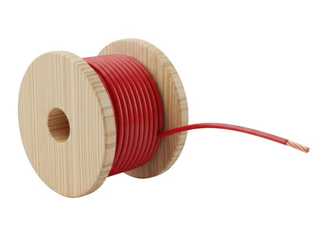 Red electrical copper wire rolled on a wooden spool isolated on transparent background