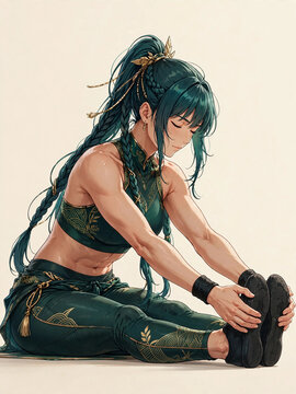 Anime yoga girl in tree pose Vrksasana - same character series