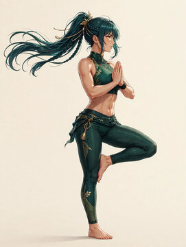 hAnime yoga girl in tree pose Vrksasana - same character series