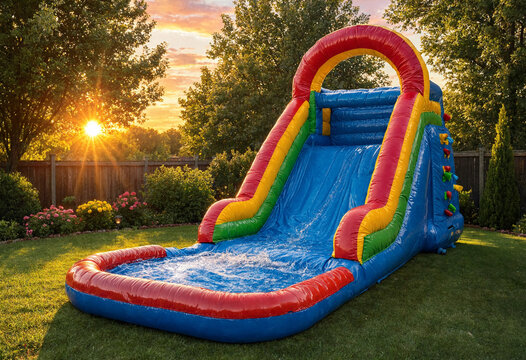Sunset glows over backyard play area