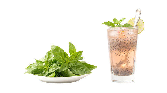 Basil seed drink with lime and saffron isolated on transparent background for commercial beverage design falooda tukh malanga refreshing healthy slice strands glassware spoon ice cubes cutout alpha