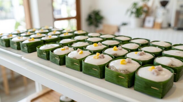 Thai Coconut Custard Dessert Khanom Tako in Banana Leaf Cups
