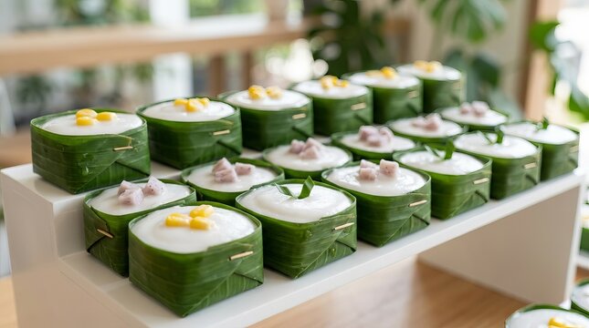 Thai Coconut Custard Dessert Khanom Tako in Banana Leaf Cups