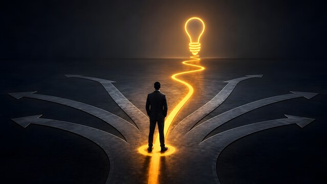 Businessman standing at a strategic crossroads choosing the single glowing golden path leading towards a bright lightbulb, symbolizing creative innovation, successful decision making, and vision.