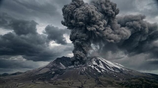 Dramatic volcanic eruption with a massive ash cloud rising over a snow-capped mountain peak.