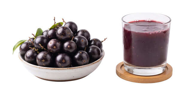 Java Plum fruit and fresh juice in glass isolated on transparent background for commercial design syzygium cumini jamun black bowl purple wooden coaster cutout alpha channel clip art healthy organic
