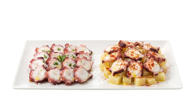 Pulpo a la gallega octopus and potato appetizer isolated on white background for culinary menu design tapas seafood spanish cuisine potatoes paprika olive oil gourmet cutout studio shot plate food