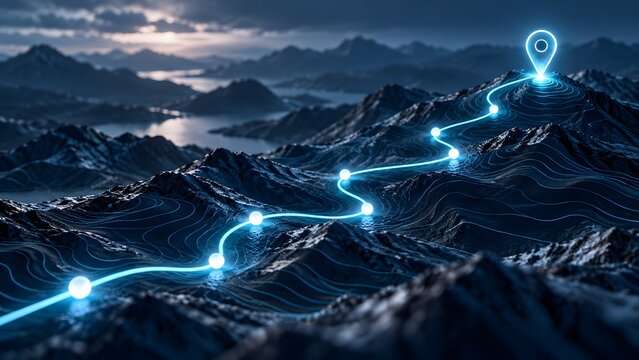 Digital glowing path on dark mountain landscape leading to a destination icon representing a business roadmap, strategic growth, success journey, and waypoint navigation concept in 3D style.