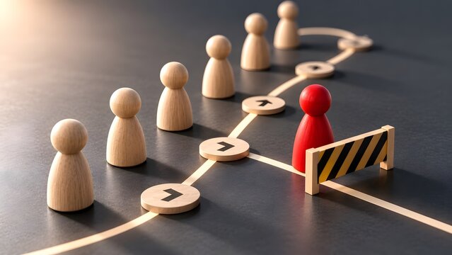 Red wooden peg figure facing a barrier on a guided path with arrows, representing business challenges, coaching, leadership obstacles, problem solving, and strategic career development.