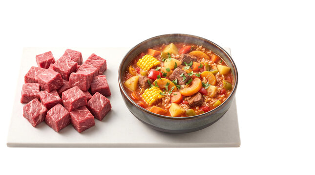 Beef stew with vegetables and raw cubed beef isolated on white background for meat and cubes Projects vegetable soup food photography corn potatoes carrots ceramic bowl fresh ingredients cooking lunch
