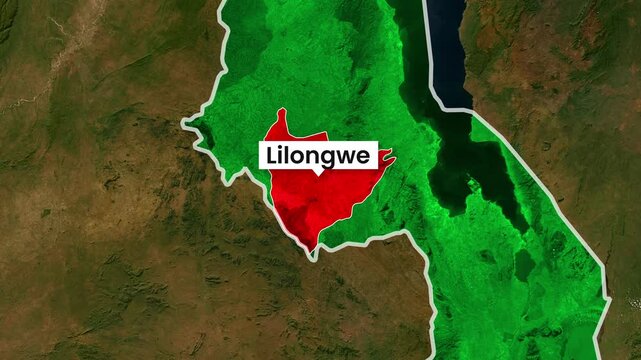 Lilongwe highlighted on satellite map of Malawi motion video footage