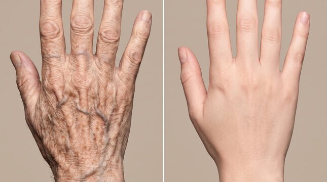 Detailed diptych photo contrasting elderly skin with veins and spots against youthful smooth skin for dermatology concept.