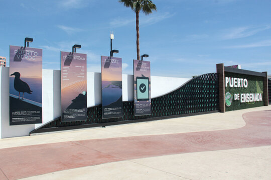 Ensenada, Baja California, Mexico - Mar 16, 2025: Pier, Monumental Flag Park and Civic Plaza of Ensenada, Baja California in Mexico is a cruise port