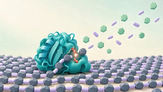 Engineered enzyme cleaving a polyester chain into monomers at the plastic surface, enzymatic recycling concept