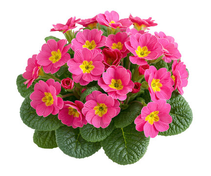 Beautiful blooming pink primrose flowers with green leaves isolated on transparent background