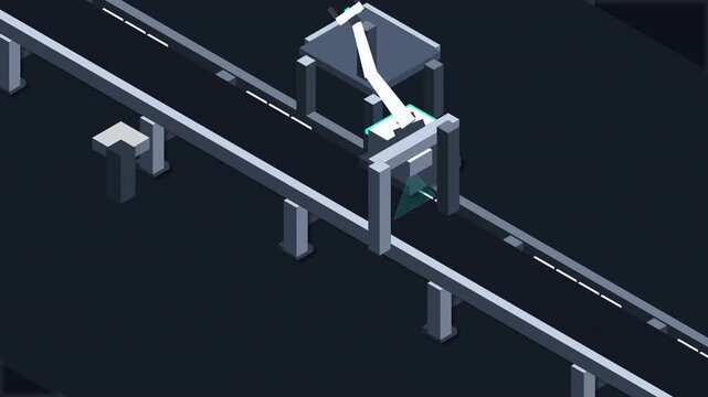 Pixel art isometric factory conveyor belt and robotic arm animation