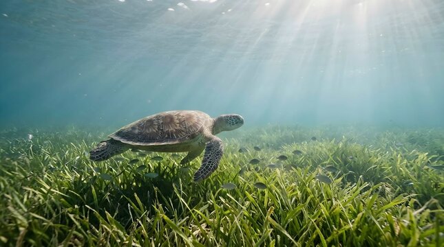 Majestic Green Sea Turtle Swimming Gracefully Over a Lush Seagrass Meadow in Clear Tropical Ocean Water with Bright Sunbeams and God Rays Shining from the Surface, Underwater Marine Life Concept