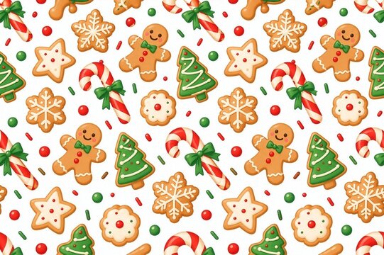 Christmas pattern with gingerbread cookies, candy canes and star cookies on white background