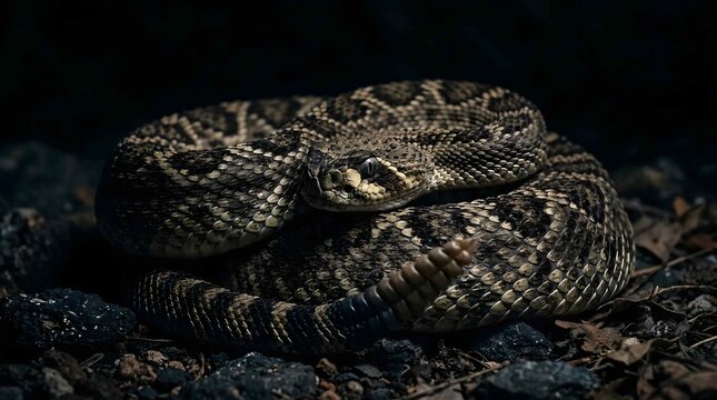 Detailed Close-Up of a Venomous Rattlesnake Coiled on a Dark Rocky Ground, Showcasing Its Distinctive Rattle and Intricate Scale Patterns in a High-Resolution Wildlife Photography Style