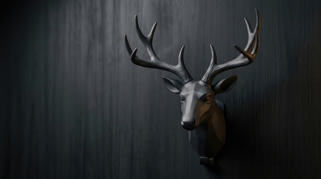 Dark metallic deer head mounted on textured wall backdrop
