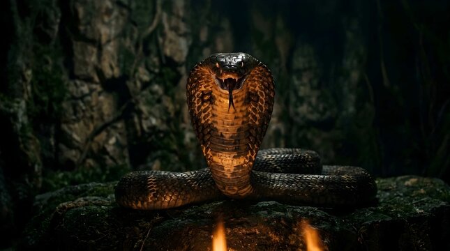 A majestic and cinematic king cobra snake displaying its flared hood in a defensive posture inside a dark rocky cave, dramatically illuminated by a warm orange glow from below, detailed scales.
