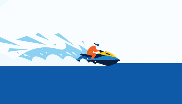 Person riding a fast jet ski on the blue water creating dramatic water splashes and waves under a bright white sky.
